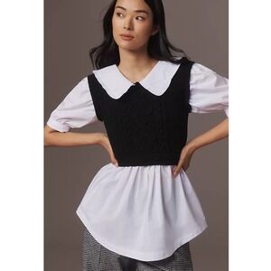 Maeve Anthropologie Peter Pan Collar Twofer Sweater Tuxedo  XS NEW